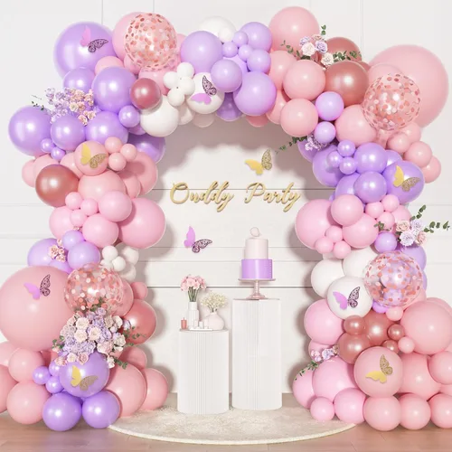 Vista 7 de Kit de arco de guirnalda de globos rosa, oro rosa, blanco, rosa y morado, globos de confeti, globos de látex, calcomanías de mariposa, decoraciones