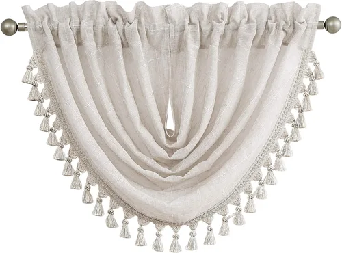 Vista 12 de Central Park Cortina de ventana con cenefa de cascada gris, textura de lino con bordado GEO blanco, bolsillo para barra de sala de estar