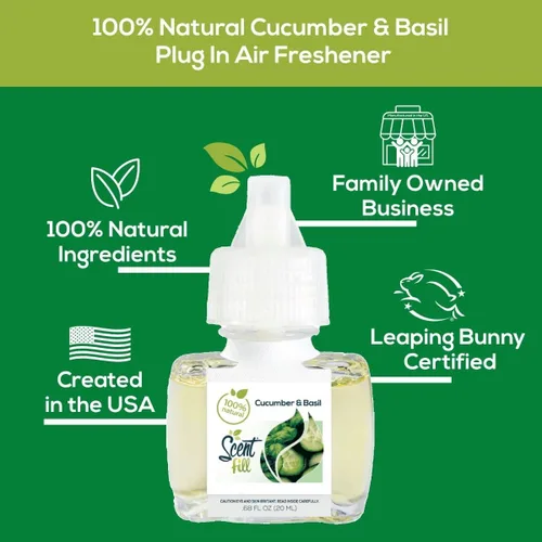 Vista 3 de Scent Fill Ambientador enchufable 100% natural de pepino y albahaca, recargas de aceite perfumado, paquete de 3 recargas