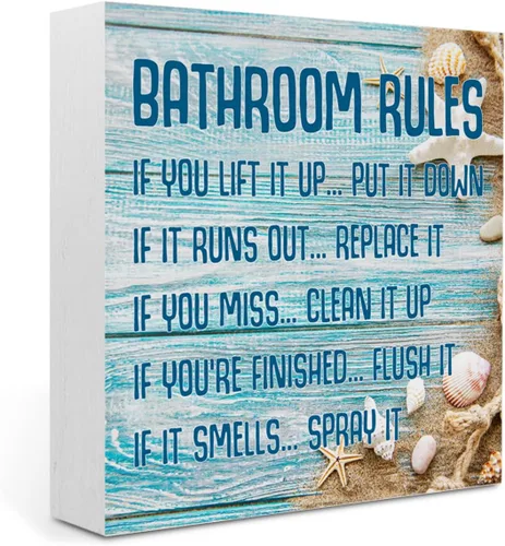 Beach Bathroom Decor Bathroom Rules Starfish Summer Decorations Wooden Box Sign for Home Office Farmhouse Table Shelf