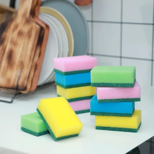 Vista 6 de Esponja para platos de cocina, esponja de limpieza multicolor, almohadilla de fregado de doble cara, no raya, esponja absorbente para lavar platos