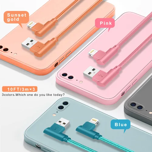 Vista 2 de Cargador Lightning, paquete de 3 cables de carga de 6 pies y 90 grados, con certificación MFi, cable Lightning USB, cable de carga rápida trenzado