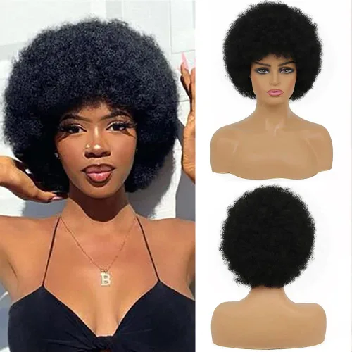 Kaneles Pelucas cortas y rizadas para mujer, estilo afro, estilo afro, disfraz de los años 70 y 80, peluca negra esponjosa, pelucas divertidas de