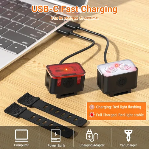 Vista 3 de RIDWIND Juego de luces de bicicleta recargable, 300 lúmenes, luz delantera y trasera de bicicleta, luces USB para bicicleta de noche, 5+6 modos