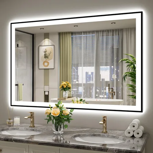 Vista 46 de Espejo de baño LED de 20 x 30 pulgadas con luces delanteras y retroiluminadas, espejo de tocador iluminado para pared de baño con 3