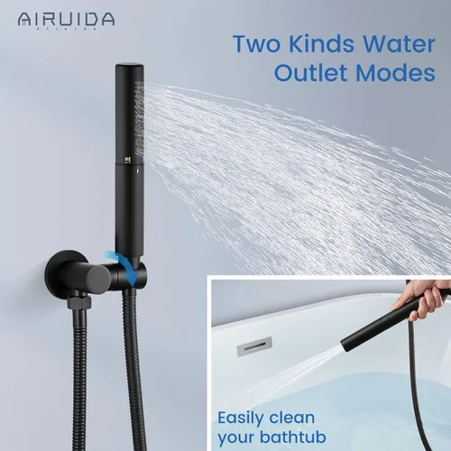 Vista 7 de Airuida Juego de sistema de ducha redondo con boquilla de bañera, juego de grifo de ducha de lluvia de 3 funciones, negro mate, cabezal de ducha