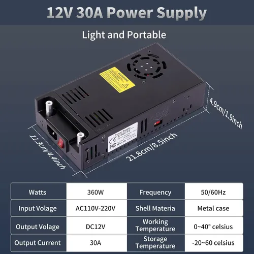 Vista 2 de Fuente de alimentación de 12 V, 360 W, 30 A, convertidor de CA a CC de 110 V a 12 V CC, transformador universal ajustable para RV, radio/estéreo