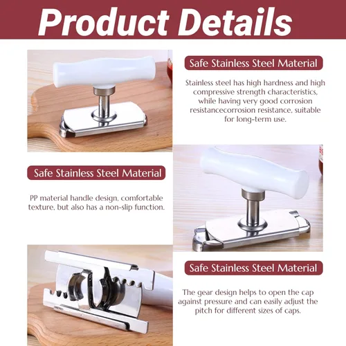 Vista 5 de Abrelatas ajustable, abridor de tarros de acero inoxidable para latas de botellas de 1 a 4 pulgadas, abridor manual de latas, removedor de tapa