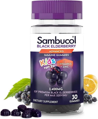 Sambucol Gomitas de saúco negro para niños, gomitas de saúco con zinc y vitamina C, suplemento masticable para niños, bajo en azúcar, sabor a bayas,