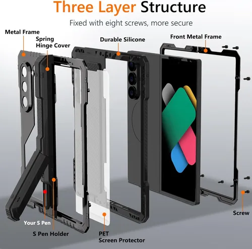 Vista 7 de Funda de metal para Samsung Galaxy Z Fold 5 con soporte para bolígrafo Fold5 S, resistente funda protectora de pantalla Z Fold 5, protector