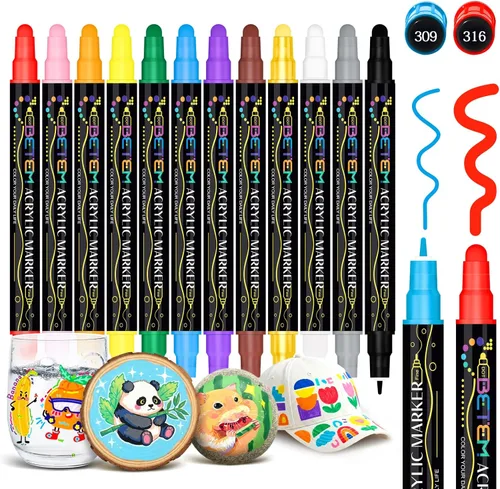 Betem Marcadores de pintura acrílica de doble punta de 12 colores, kits de decoración de tela, bolígrafos de pintura acrílica a base de agua de