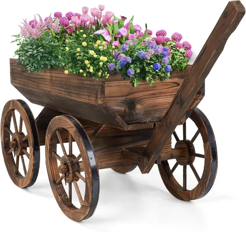 OIPRTGFJ Macetero de madera tipo carreta para decoración de balcón al aire libre - Carro de flores de madera rústico para jardín con ruedas para