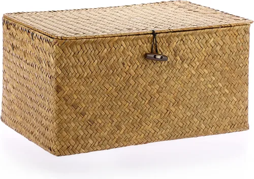 Vista 24 de Hipiwe Cesta de mimbre extra pequeña con tapa, cestas de almacenamiento de hierba marina natural, caja organizadora para el hogar, cesta