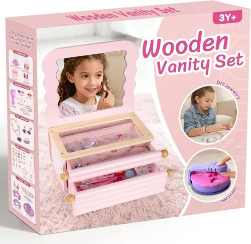 Vista 2 de Tocador de maquillaje para niñas pequeñas con espejo, tocador de maquillaje para niños con 27 piezas de accesorios, tocador de mesa para niñas