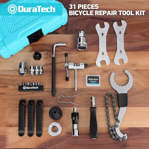 Vista 2 de DURATECH Kit de herramientas de bicicleta de 31 piezas, kit completo de reparación de bicicletas con caja de almacenamiento, herramientas
