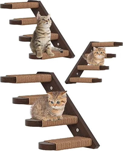 Vista 5 de Skywin Cat Steps - Escaleras de madera de goma maciza para gatos, ideales para arañar y escalar, fácil de instalar, estantes montados en la pared