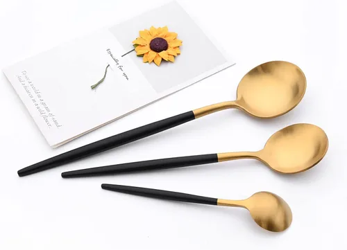 Vista 6 de Juego de vajilla de 24 piezas de acero inoxidable 1810 con mango negro para cenas y postres, juego de cubiertos para el hogar, restaurante, servicio