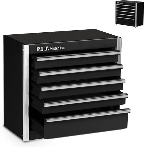 Vista 24 de P.I.T. Mini Caja de herramientas negra, caja de herramientas portátil de acero apilable de 3 cajones con cierre de lengüeta magnética, caja