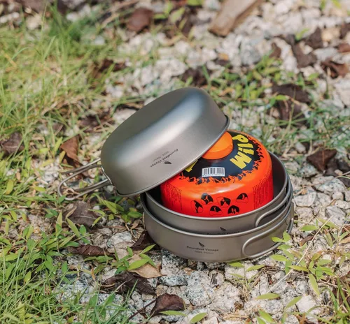 Vista 11 de iBasingo Juego de 3 piezas de ollas de titanio para acampar con mango plegable, juegos de ollas de cocina para campamento al aire libre