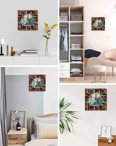 Vista 4 de Wall Clock Coffee Cup Beans Operated Clocks Wooden Silent Non-Ticking Wallclock 10 Inch Sugar Farmhouse Style Vintage Wood Square Wall Clock for