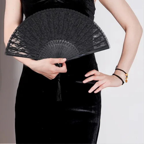 Vista 7 de choyaxo - Abanico de mano de encaje chino plegable de bambú y seda para mujeres, para decoración de bodas, bailes y fiestas, negro