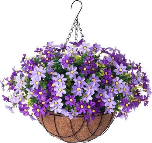 Vista 10 de INXUGAO Flores colgantes artificiales con cesta de 12 pulgadas para decoración al aire libre, margarita de seda sintética, resistentes a los rayos