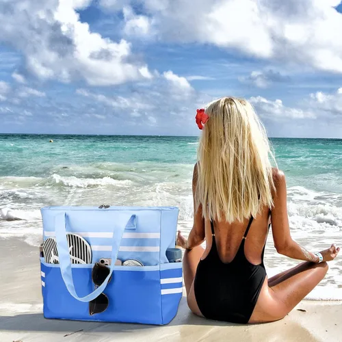 Vista 8 de LEDAOU Bolsa de playa impermeable a prueba de arena para mujer, bolsa de piscina con cremallera para gimnasio, comestibles, viajes, con bolsillo