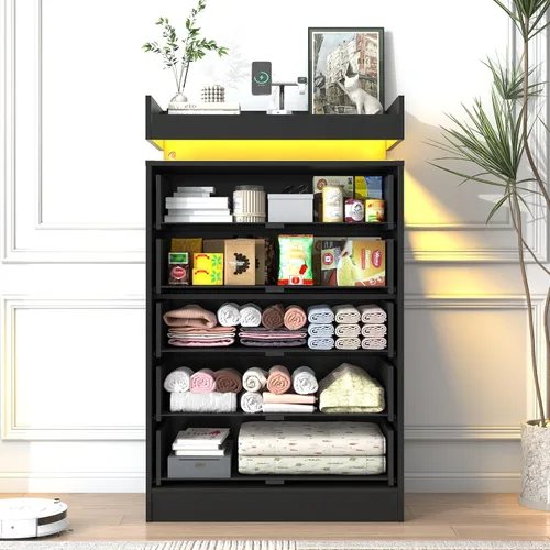 Vista 8 de jiteentarou Cómoda de 5 cajones con estación de carga y luces LED, cómoda moderna con toma de corriente, armario organizador para dormitorio, sala