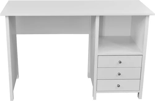 Vista 6 de Techni Mobili Escritorio blanco con cajones: escritorio de oficina pequeño con 3 cajones de gabinete, estante abierto y paneles de madera laminada