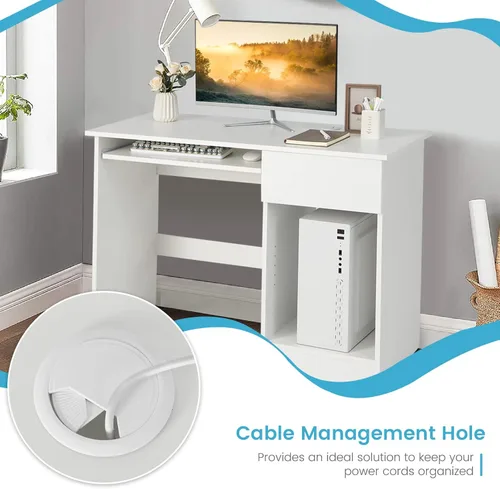 Vista 34 de Escritorio para computadora con gabinete y bandeja para teclado, estación de trabajo de oficina en casa con cajón, estantes ajustables, mesa de Negro