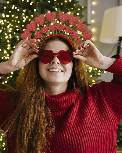 Vista 8 de Bnikion Diadema de corazón rojo, diadema para el día de San Valentín y lentes de sol de corazón con gemas de corazón rojo y rosa para mujeres