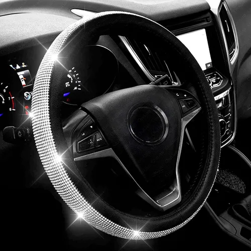 Vista 9 de Nueva Funda para Volante de Cuero con Diamantes con Cristales de Strass Brillantes, Ajuste Universal de 15 Pulgadas, Protector de Volante