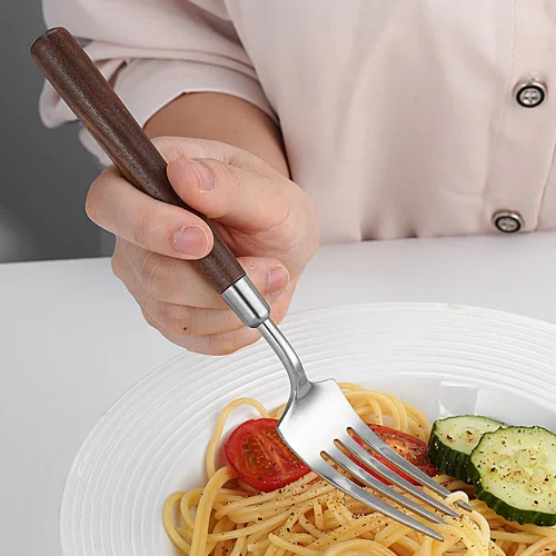 Vista 6 de Juego de cubiertos para 4, 16 piezas de cubiertos de acero inoxidable con mango de madera, incluye cuchillo para carne, tenedor y cuchara, juego