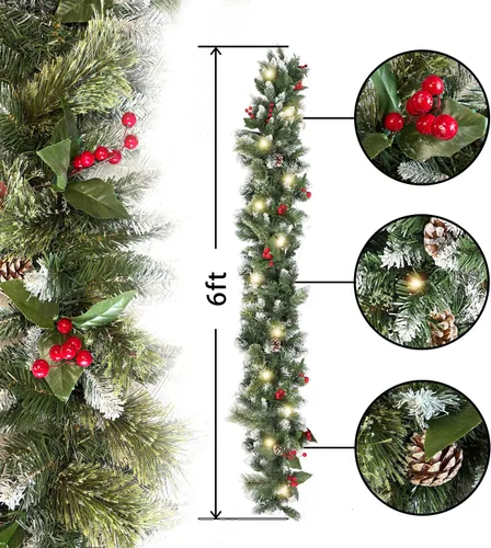 Vista 2 de HipTree Guirnalda de Navidad de 6 pies con luces, guirnalda de pino artificial iluminada para manto, guirnalda de invierno de Navidad verde