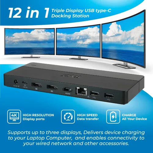 Vista 6 de RVP+ Concentrador USB C de monitor dual (base USB C) con puerto de pantalla 4K dual, 2 puertos USB 2.0, Ethernet y carga de 100 W - Puerto