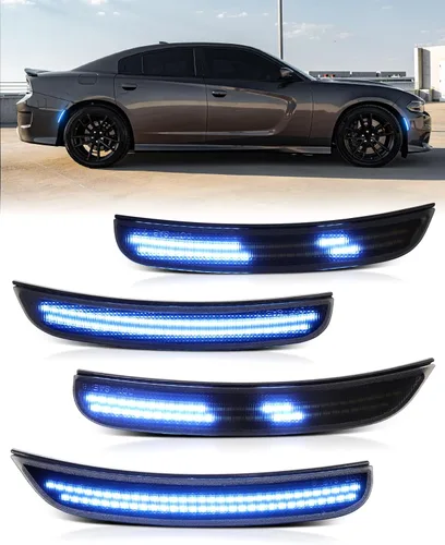 Vista 17 de Luces LED azules de marcador lateral para Dodge Charger 2015 2016 2017 2018 2019 2020 2021 2022 2023 2024, lámparas de parachoques delantero
