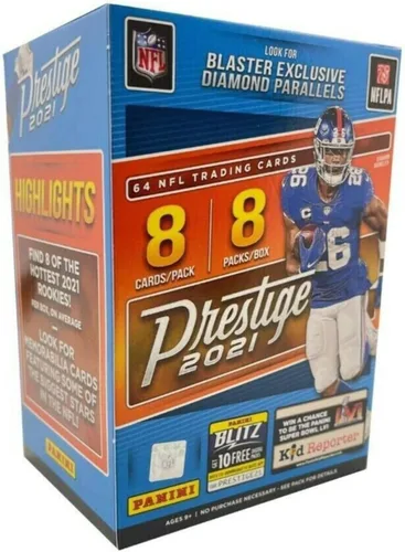 Caja tipo blaster 2021 Panini Prestige NFL Football (64 cartas/caja) Busque cartas paralelas exclusivas de Blaster en diamante y cartas de memoria