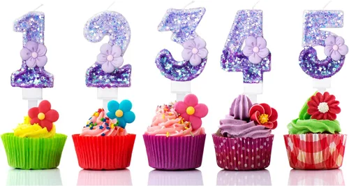 Vista 7 de Velas número 0, velas de cumpleaños con número de flor morada para pastel, velas de números morados que crean un ambiente romántico y cálido