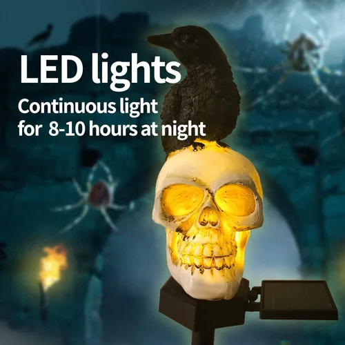Vista 6 de QH & Garden Luces solares de Halloween para decoración al aire libre, luces de fantasma impermeables, estatua solar de calavera para jardín
