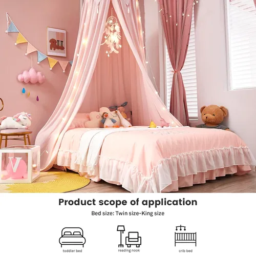 Vista 7 de Akiky Toldo de cama para niñas con luces, atrapasueños de princesa, para niños, rincón de lectura, tienda de campaña para cama individual, Beige Rosa