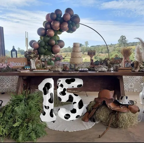 Vista 7 de Decoraciones de cumpleaños con globos con estampado de vaca, globo del número de 40 pulgadas del 0-9 (cero-nueve), globo de vaca para suministros