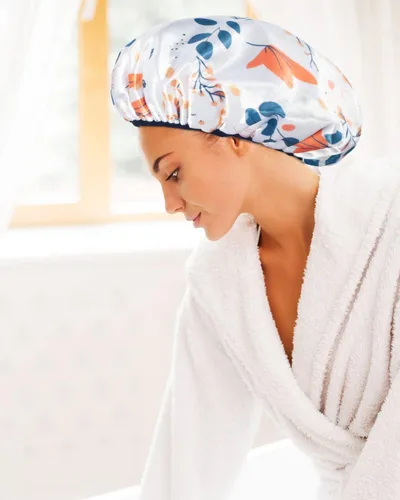 Vista 5 de Aquior Gorro de ducha con forro de rizo para mujer, gorro de ducha reutilizable, triple capa impermeable, extra grande para mujeres de pelo largo