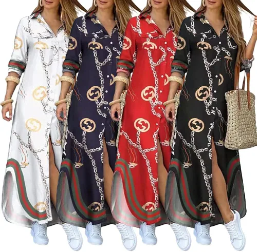 Vista 4 de Vestidos casuales tipo camisa para mujer sexy con estampado de cadena de manga larga con abertura suelta vestido largo con botones