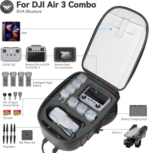 Vista 2 de Smatree Mochila profesional para DJI Drone y accesorios para drones, para cámara de acción G*pro y cámara de acción Osmo, Negro - Para DJI Air 3