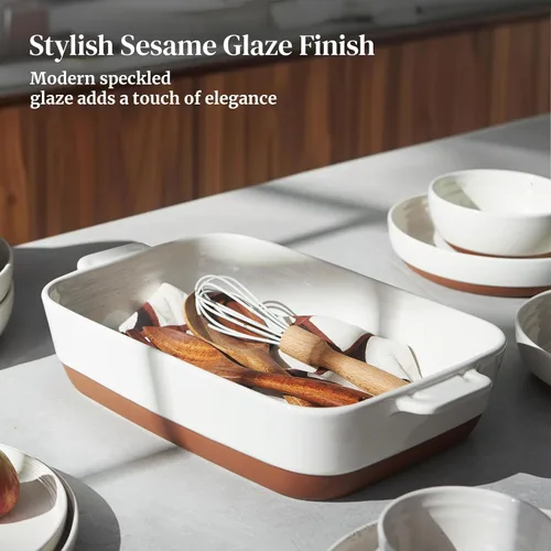 Vista 7 de DOWAN Cacerola de cerámica para horno, bandeja para lasaña profunda de 9 x 13, plato grande para hornear con asas, 4.3 cuartos de galón