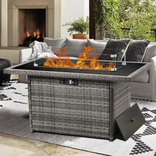 Vista 8 de Mesa de Fogata de Propano, 44 Pulgadas 55000 BTU Fogata de Gas Exterior Rectangular con Protector de Viento de Vidrio para Patio y Terraza Exterior