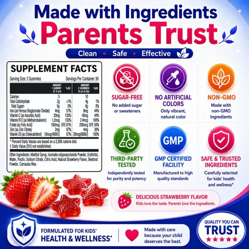 Vista 6 de Gomitas suaves de hierro para niños, hierro con vitamina C, D B12, zinc