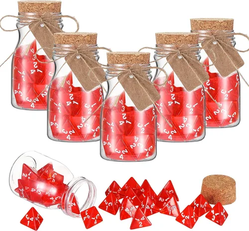 Wettarn 120 dados rojos transparentes D4, 6 botellas de poción curativa, tarros de plástico con tapas de corcho, juego de dados poliédricos para