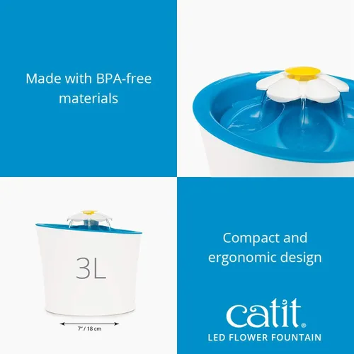 Vista 6 de Catit LED Flower Fountain with Triple Action Filter, Cat Drinking Water Fountain, 3 L