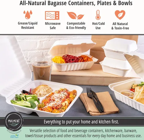 Vista 5 de MULMEHË Contenedores de comida para llevar con bisagras de bagazo de caña de azúcar, ecológico, 12 x 9 x 3, compartimento individual, marrón natural
